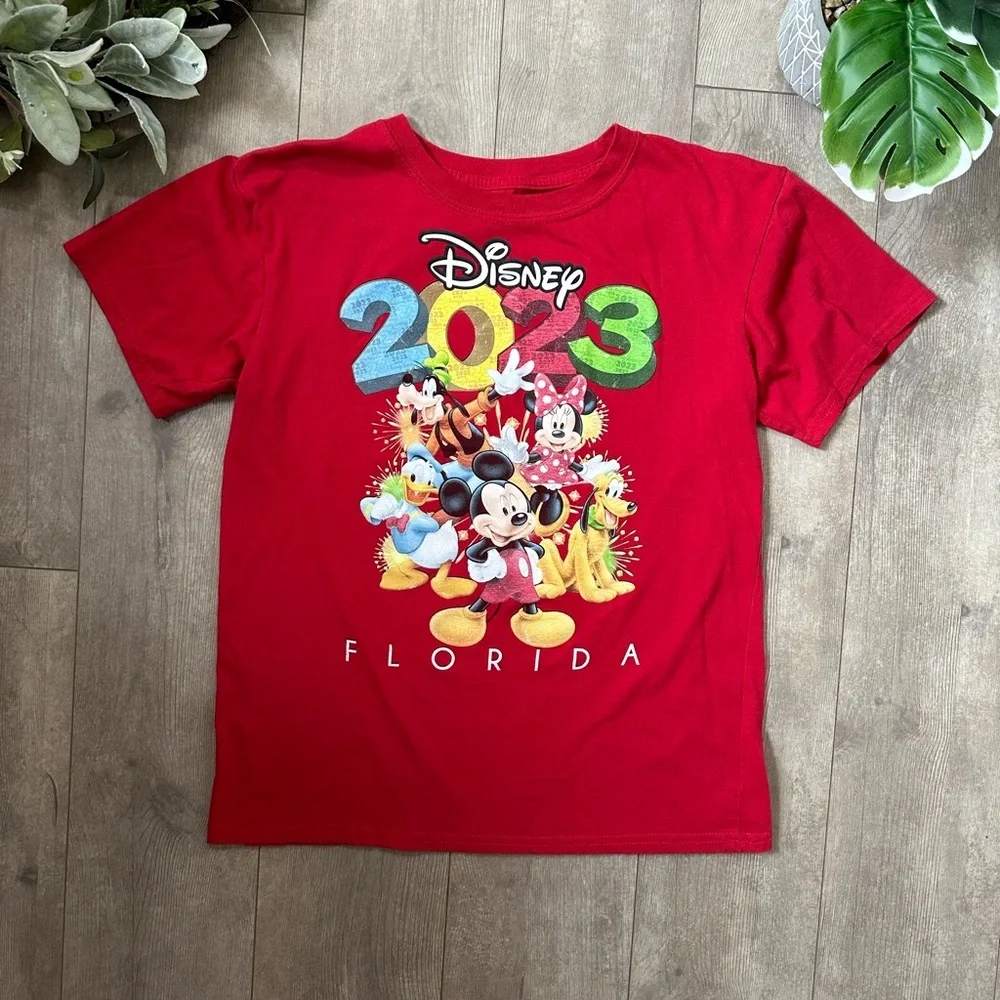 Disney 2023 Kids Red Graphic T-Shirt Florida Casual Graphic Mickey Minnie Donald